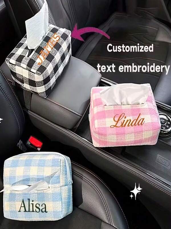 1 suport personalizat pentru cutie de șervețele auto, în carouri, brodat, nume brodat, extragere și fixare convenabilă a șervețelelor pentru modele auto universale, cadouri auto, cadouri de sărbători, depozitare auto, accesorii auto, organizare vehicul, accesorii auto, design în carouri, construcție robustă, instalare ușoară, suport pentru șervețele auto, cadouri pentru proprietar/șofer auto
