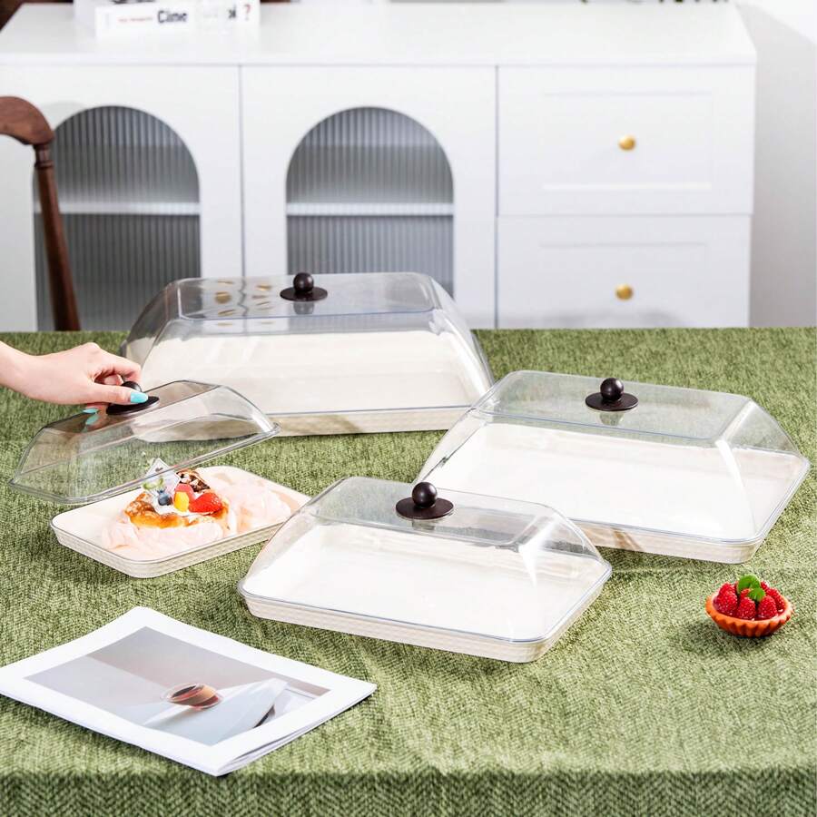 Plastic PET Material, Multi-Size Rectangular Display Trays With Dustproof Lid Cover, Unbreakable, Reusable Fruit Plate, Dessert, Snack, Cake Tray, Suitable For Various Festivals, Weddings, Parties, Banquets - Milky White - View 1