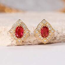 1Pair Vintage Red Crystal Stud Earrings, Square Frame With Sparkling ...