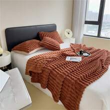 1件超大条纹毯，宽条纹镂空仿兔毛，牛奶绒，法兰绒材质，休闲午睡毯，办公室小憩毯 - 咖啡棕 - 查看 4