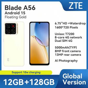  ZTE A56 olåst smartphone, Android 15 OS (4 GB RAM + 8 GB Fusion-lagring) + 128 GB ROM, 5000 mAh batteri, dubbla SIM-kort, dubbel standby-kort, 90 Hz uppdateringsfrekvens, NFC, 4G LTE, global version