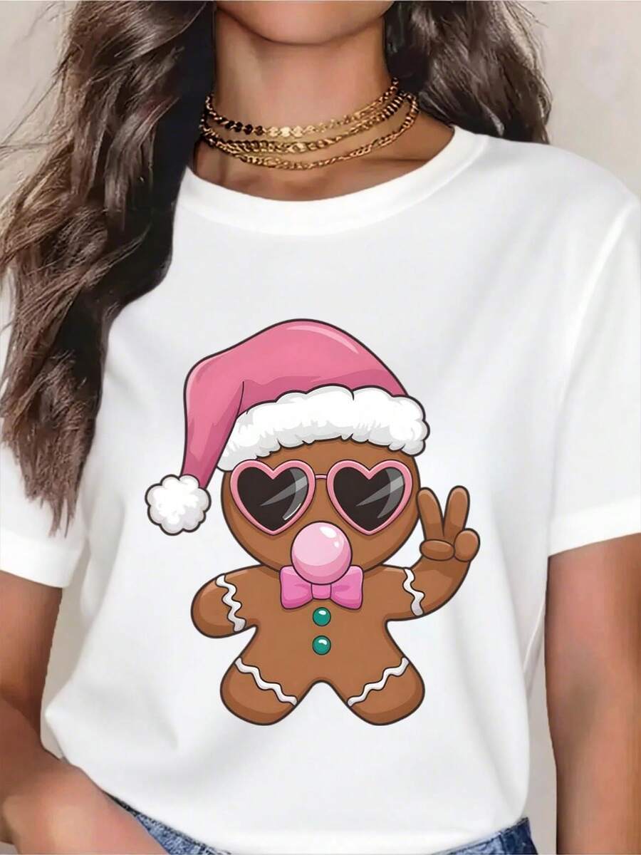 Cute Gingerbread Man Christmas T-Shirt With Santa Hat And Heart Sunglasses - Festive Holiday Gift For Women, Christmas Party Wear, Xmas Outfit, Seasonal Fashion Top - 白色 - 查看 1