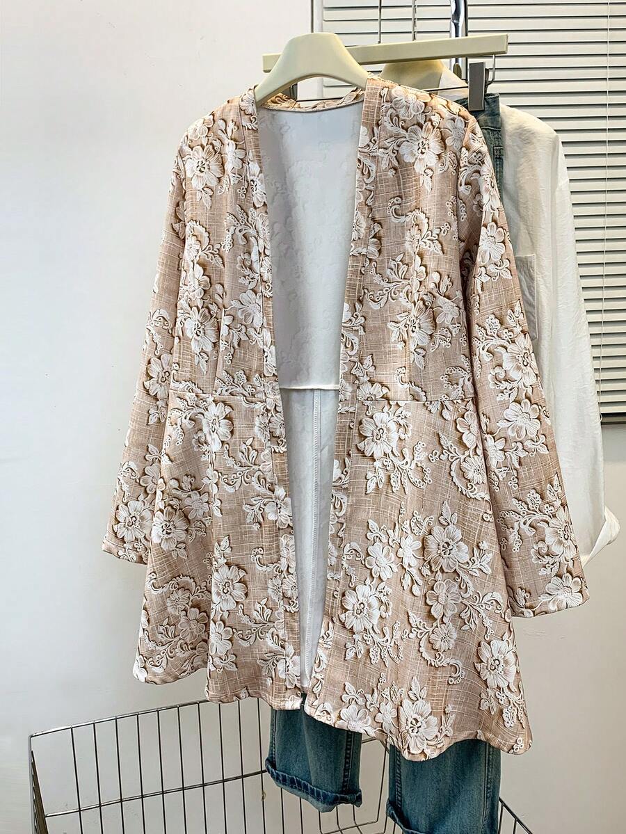 Women's 3D Floral Embossed Jacket, All-Over Bloom Print Open Front Coat With Long Sleeves, Elegant Casual Outerwear For Fall Winter Spring - Apricot - View 1