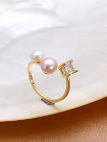 1pc 18K Gold Plated Natural Freshwater Pearl & Cubic Zirconia Adjustable Open Ring For Women - Multicolor - View 5