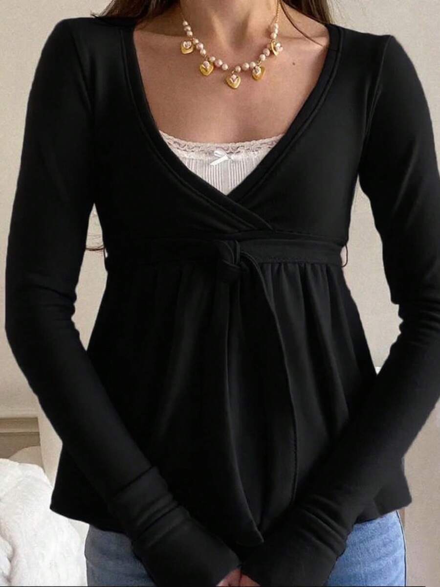 Women's Casual Deep V Neck Long Sleeve Top With Lace Up Detail Flared Hem Regular Length Top - 黑色 - 查看 1