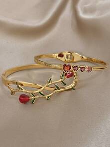 18K Gold Plated Stainless Steel Luxury Elegant Rose & Heart Zirconia Bangle Bracelet Set For Women, Romantic Sweet Jewelry Mom Gift Christmas Thanksgiving Halloween Wedding Rave/Prom/Party/Daily Accessories Gift For Anniversary Valentine's Day Boho Jewelry Birthday Bridesmaid Gifts