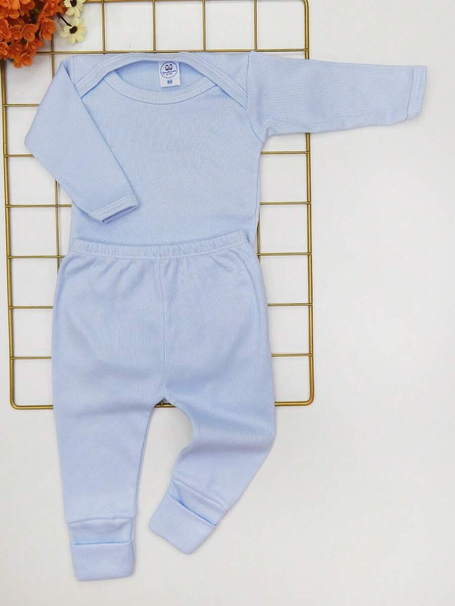 2 Piece Newborn Baby Set Long Sleeve Summer Ribbed Knit / Baby Blue - 淺藍色 - 查看 1