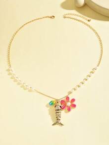 1 pieza Collar con colgante de pez flexible 3D de concha de perla, cadena para suéter - Dorado - Ver 6