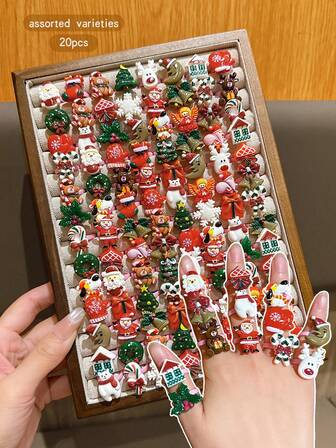 20 件可调节圣诞戒指，可爱卡通风格圣诞珠宝配饰