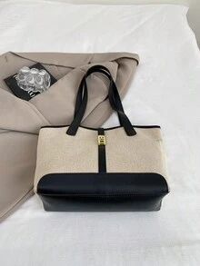 European And American Cross-Border Personalized Linen Color Block Large Capacity Tote Bag, Women New Fashion Color Block Shoulder Handbag, Casual Versatile Large Capacity Bucket Bag - Black - View 11