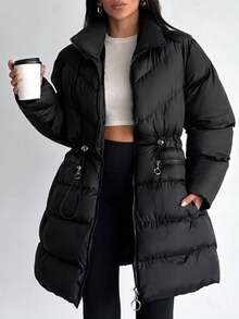 Women's Casual Solid Color Waterfall Collar Down Jacket, Long Sleeve, Regular Cuffs, Pockets, Knee-Length, Suitable For Winter - Black - View 1