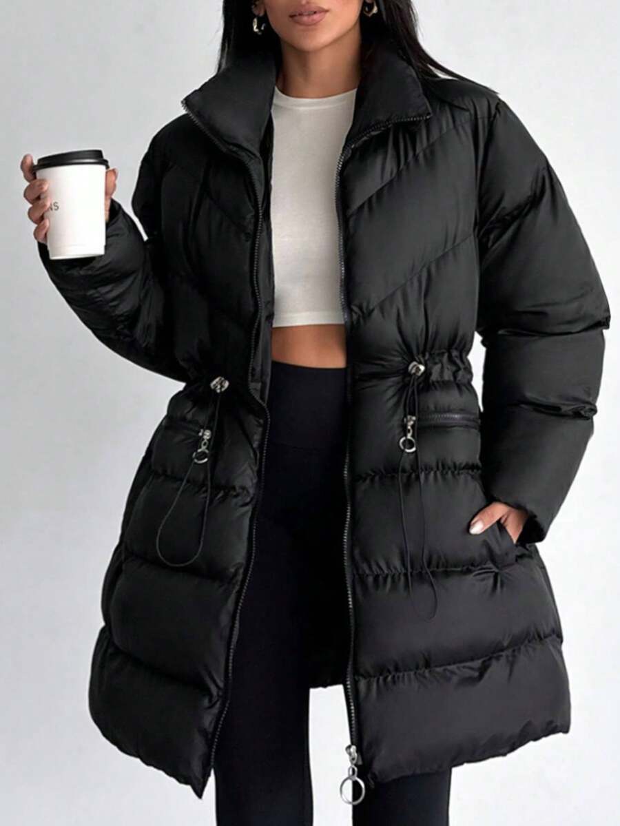Women's Casual Solid Color Waterfall Collar Down Jacket, Long Sleeve, Regular Cuffs, Pockets, Knee-Length, Suitable For Winter - Black - View 1