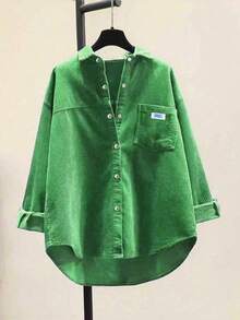 大码女式时尚灯芯绒衬衫，长袖，领子，正面纽扣，落肩，不对称下摆 - 綠色 - 查看 9