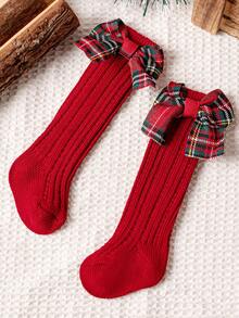 1双女婴红色圣诞袜儿童纯色羊毛格子蝴蝶结袜腿套女童幼儿柔软袜子适合0-3岁 - 紅色 - 查看 10