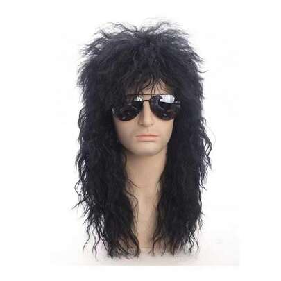 70 年代 80 年代迪斯科假发，派对礼物摇滚明星重金属黑色卷发假发男士摇滚化装舞会假发，长卷发帽黑色摇滚舞会配饰