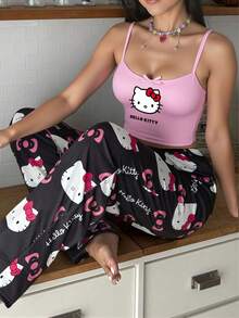 2 件套 Sanrio Hello Kitty 夏季短裤两件套女士睡衣套装女士优雅夏季服装女士睡衣休闲套装 Hello Kitty 商品女士睡衣套装 - 黑色 - 查看 3