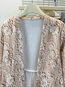 Women's 3D Floral Embossed Jacket, All-Over Bloom Print Open Front Coat With Long Sleeves, Elegant Casual Outerwear For Fall Winter Spring - Apricot - View 3