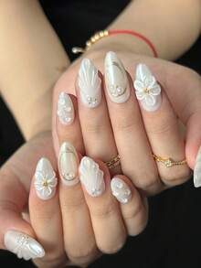 10pcs White Almond Handmade Nail Stickers, White Wedding Manicure, 3D Embossed Floral Shell Design, Minimalist Elegant Nail Decor, Reusable Handmade False Nails, Comes With Glue And Nail File, Great Gift For Girls - White - View 4