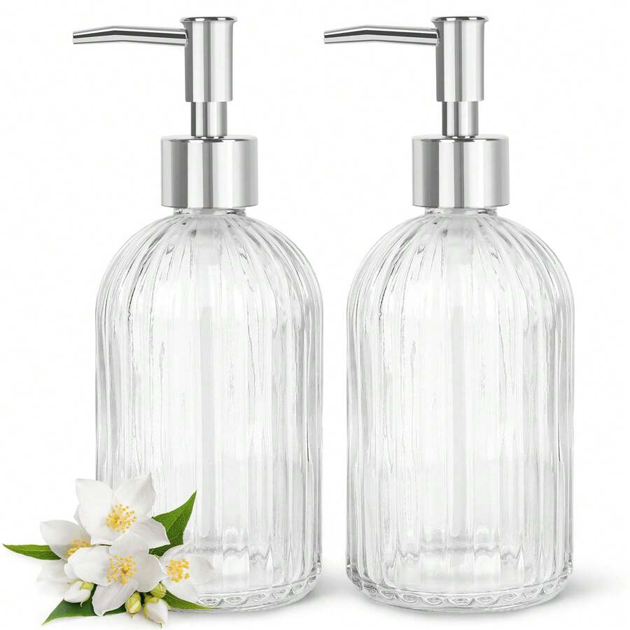 2pcs Glass Soap Dispenser With Plastic Pump, Hand Soap Dispenser For Hand Wash, Lotion Dispenser For Dishwashing Liquid, Lotion Shower Gel (Striped White) - 無色 - 查看 1
