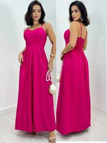 Long Dress With Adjustable Straps Lastex Waisted Fits 36 To 44 Women's Elastex Dress With Adjustable Back From 36 To 44 Comfortable Elastex Waisted Dress With Adjustable Straps - 玫紅色 - 查看 2