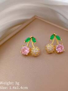 1 套不锈钢粉色樱桃项链和耳环套装，全镶嵌奢华微镶嵌个性化宴会珠宝礼物 - 金色 - 查看 6