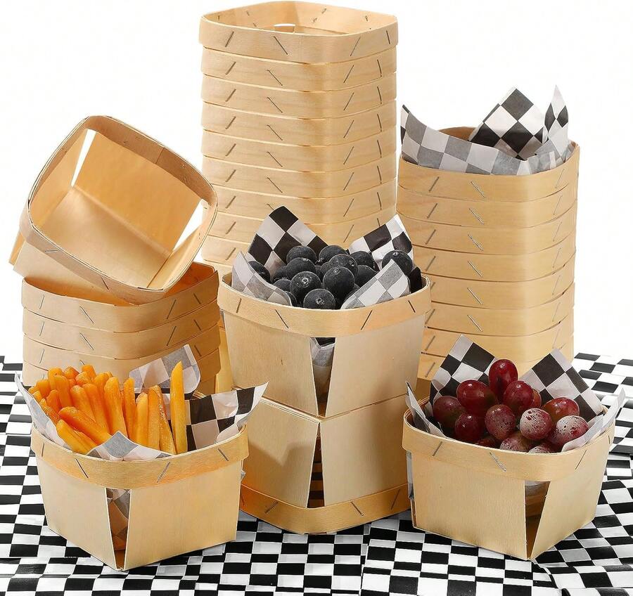 60 Pcs/30 Sets One Pint Wood Berry Basket With Wax Paper Sheets 4 Inch Square Vented Wood Boxes Small Basket Container With Paper For Gifts Fruit Picking Berry Camping(Plaid,Black),23949010 - 黑色 - 查看 1