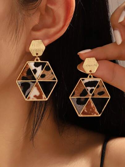 1 Pair Exaggerated Retro Geometric Hexagon Plaid & Leopard Print Earrings, Fashion Accessories For Women