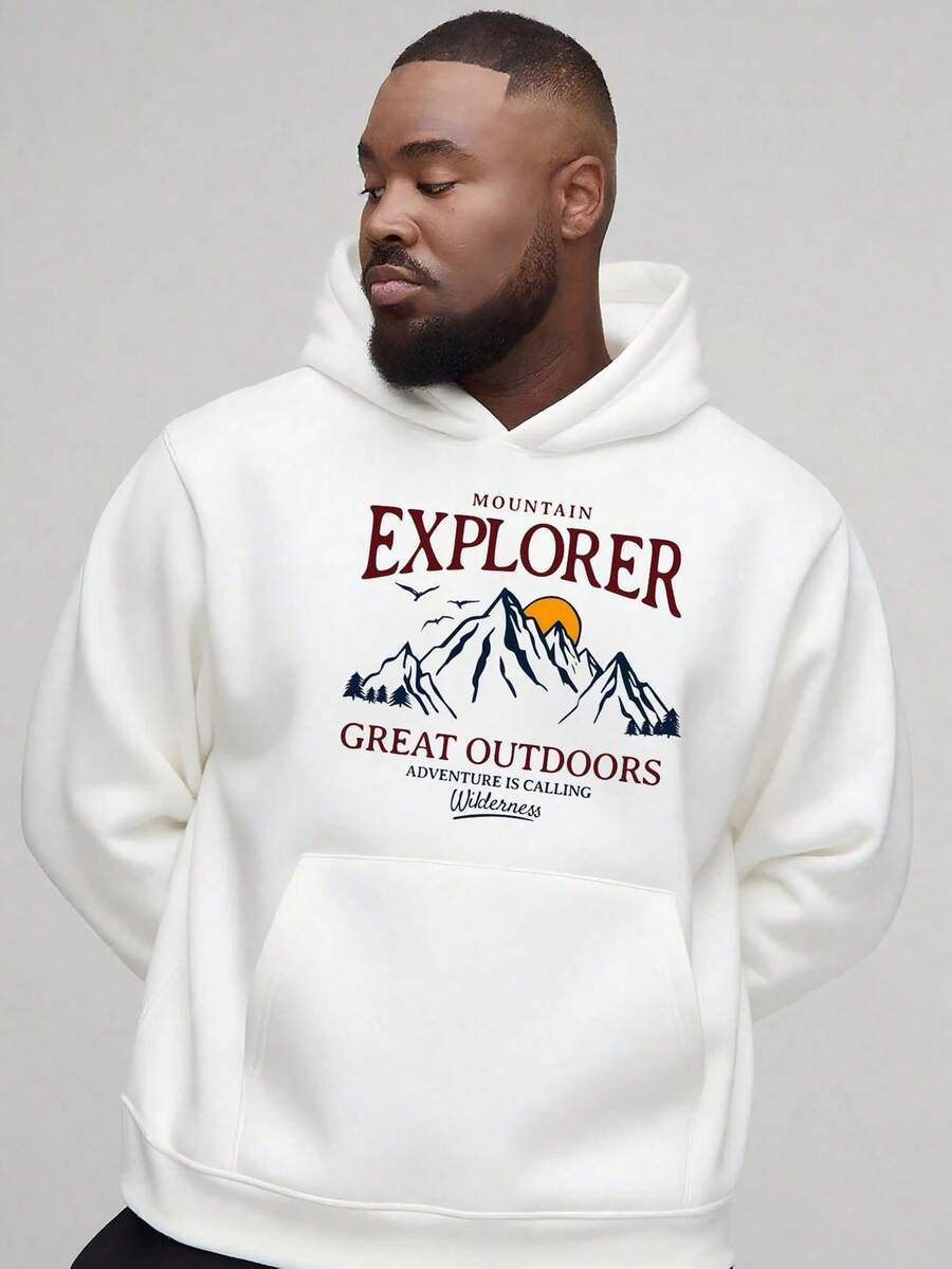 Men's Hooded Sweater, Outdoor Adventure Theme, _MOUNTAIN EXPLORER GREAT OUTDOORS_ With Mountains, Sunsets, Birds, Outdoor Adventure Style, Printed Hoodie, Comfortable And Soft, Suitable For Gifts And,Fall Hoodies,Men's Fall Clothes,Street Wear,Halloween,Mens Hoodies,Y2k Clothes,Jesus Hoodie,Thanksgiving Day,Nightmare Before Christmas,Christmas - 白色 - 查看 1