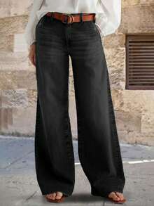 High-Waisted Minimalist Elegant Elegant High Street Women's Straight Leg Jeans, Washed Solid Color With Embroidered Pocket Design - Hitam - View 7