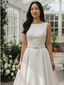 Women's Elastic Pearl Belt With Gold Buckle And Rhinestones - 白色 - 查看 1