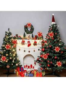 18 Stücke rotes Glitzer Weihnachtsblumen Baumschmuck Set, bestehend aus 6 Blumen und 12 Clips und Stielen, geeignet für Weihnachtskränze, Weihnachtsbaum Dekoration und Weihnachtsanhänger