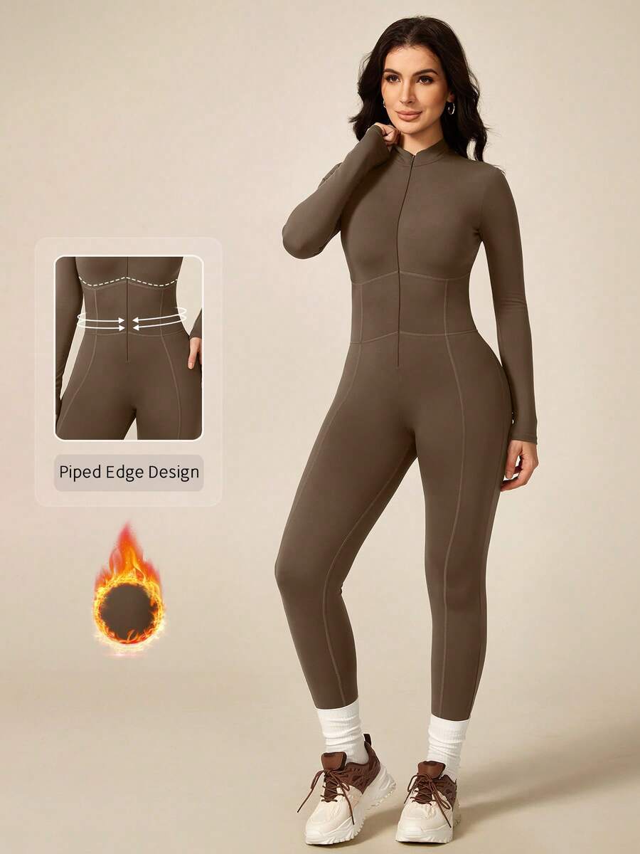 NcmRyu 1 Stück Damen Reißverschluss Langarm Gerippter Gefütterter Jumpsuit