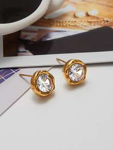 2Pcs Simple Gold-Plated Cubic Zirconia Stud Earrings For Women – Round Brilliant Cut Crystal Earrings, Elegant Solitaire Design, Chic Jewelry For Daily Wear, Gift For Her