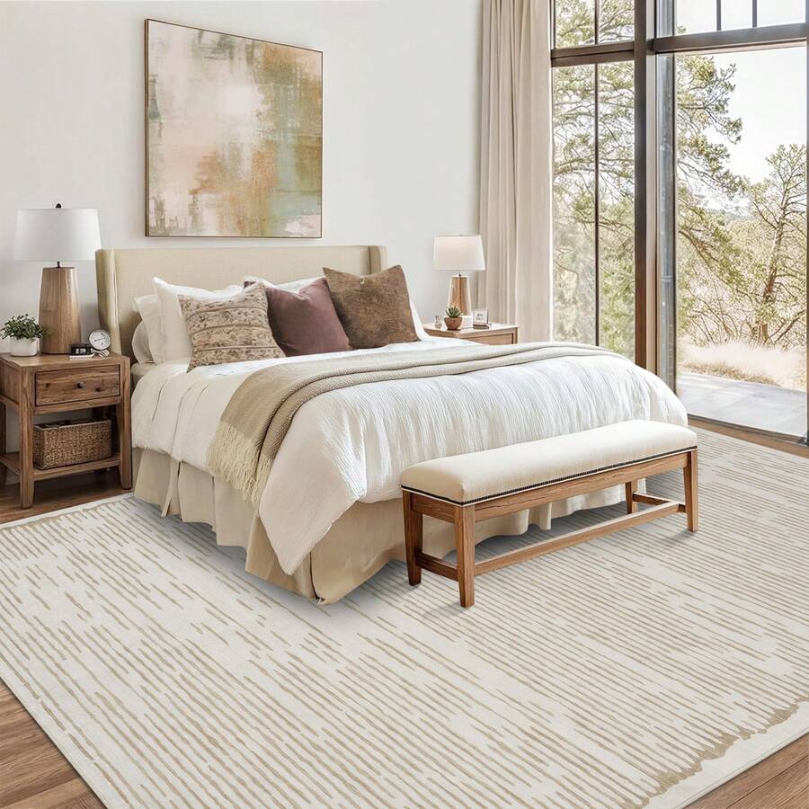 Machine-Washable, Modern Style Rug, Striped Pattern Rug, Low Pile, Non-Shedding/Non-Slip And Stain-Resistant, Suitable For Living Room, Study, Office, Bedroom, Beige - 米色 - 查看 1