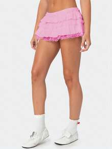 Women Lace Trim Ruffle Hem Micro Mini Skirts Elastic Low Waist Y2k Lace Layered Short Skirts Ruched A-Line Cute Tiered Ruffle Skirts Halloween/Christmas Costumes - 粉色 - 查看 4