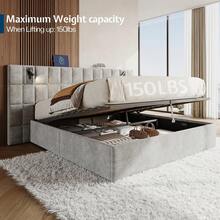 Velvet Upholstered Platform Bed Frame With Lift-Up Storage, Widened Headboard And Built-In Reading Light, Sturdy Structure, No Box Spring Required - Xám - Xem 8