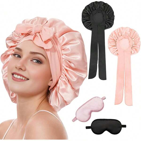 YUNZJUNLY Gorro para Dormir de Seda 2 Piezas (Rosa+Negro), Suave y Ajustable con Banda Elástica Ancha, Gorro Satinado Reutilizable para Cabello Rizado, Mujeres, Noche