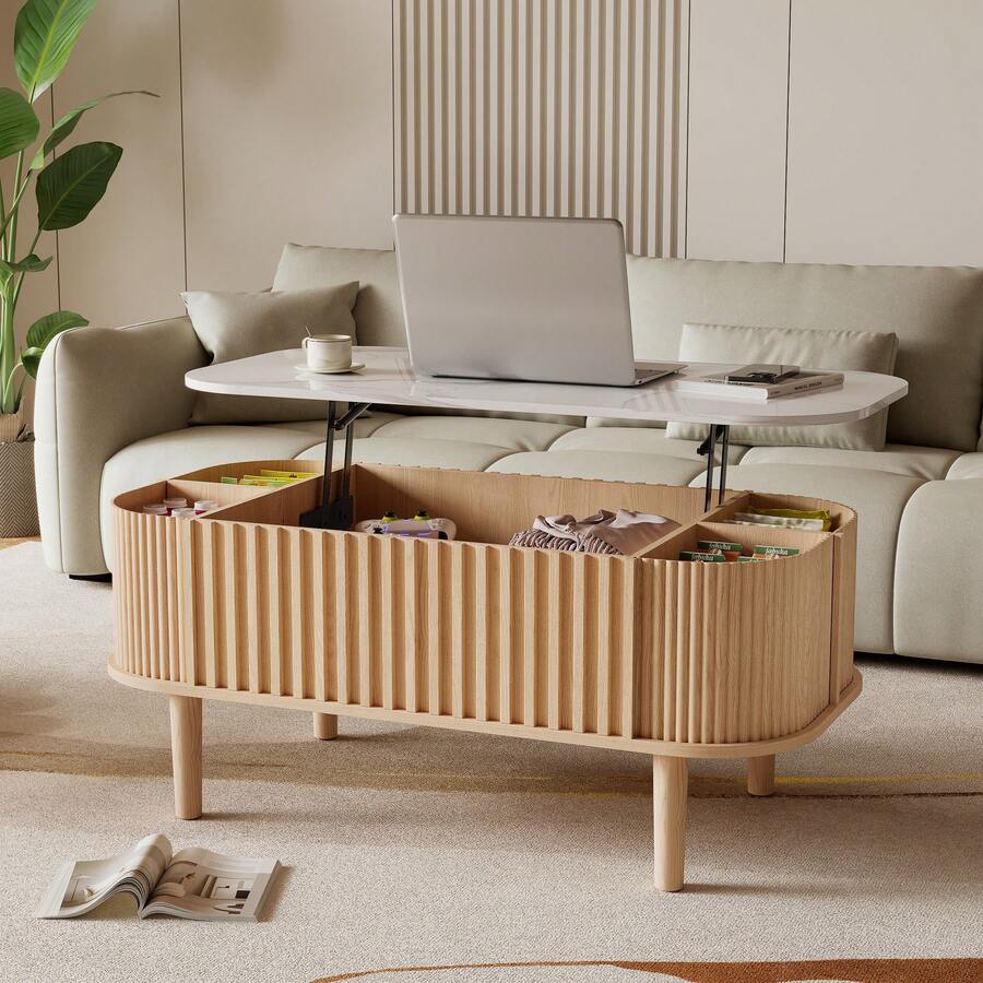 40" Lift Top Coffee Table With Storage, Faux Marble Tabletop & Solid Rubber Wood Legs, Mid-Century Modern Lift-Up Coffee Table For Living Room Natural Oak - Natural Oak - 查看 1