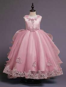 Flower Girl Dress Princess Puffy Tulle Dresses Bridesmaid Wedding Birthday Party Pageant Maxi Prom Gown For Kids - 珊瑚粉 - 查看 11