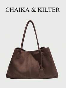 1 Túi Tote Da PU Màu Trơn CHAIKA & KILTER Dành Cho Nữ, Túi Tote Đeo Vai Thời Trang Cổ Điển Có Hai Quai Xách, Khóa Bấm, Thích Hợp Sử Dụng Hàng Ngày Và Ngoài Trời - Cà phê - Xem 8