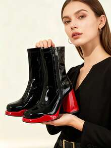 Women's Go Go Boots Platform Chunky Block Heel Boots Prom Square Toe Side Zipper Mid Calf Booties Shoes - Red - View 1