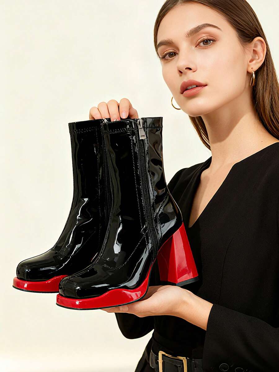Women's Go Go Boots Platform Chunky Block Heel Boots Prom Square Toe Side Zipper Mid Calf Booties Shoes - Red - View 1