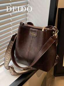 Mini Summer Fashion Texture Solid Color PU Bucket Bag Retro Versatile Women's Shoulder Bag - Coffee - View 7