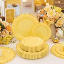100pcs Plastic Plates With Gold Beads Plates Heavy Duty Party Supplies Includes 10.25inch Dinner Plate And 7.5inch Dessert Disposable Plate For Party,Wedding,Bridal Showers - 黃色 - 查看 6