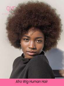 QVR QUEEN VIRGIN REMY QVR Afro Wig Human Hair Brown Wear & Go Glueless Fluffy Afro Kinky Wig With Bangs Big Hair - S4 - View 1