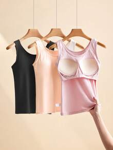 3 Pcs Solid Color Stretch Knit Tank Top, Bottoming Vest T-Shirt, Built-In Padded Cups,  For  Outwear Indoor, Fitness, Parties & Gatherings, Suitable For Fall Winter - Black & Pink & Apricot - 查看 7