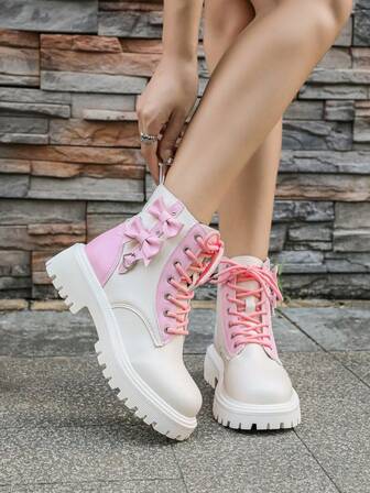 Women's Fashion Boots, British Style Lace-Up Motorcycle Boots With Chunky Heel For Spring, Autumn And Winter, Cute Bow Accent Black And Beige Ankle Boots