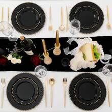 100pcs Plastic Plates With Gold Beads Plates Heavy Duty Party Supplies Includes 10.25inch Dinner Plate And 7.5inch Dessert Disposable Plate For Party,Wedding,Bridal Showers - 黑色 - 查看 8