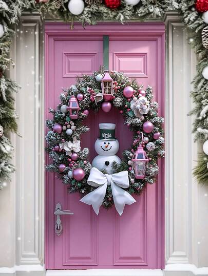 1PC Pink Snowman & Lantern Christmas Wreath, Sweet Festive Style Artificial Greenery Wreath With Pink Ornament Ball & White Bow Detail, Hanging Front Door Decoration For Christmas Home Decor, Holiday Party Entryway Ornament, Winter Seasonal Door Adornment