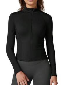 QINSEN - chamarra deportiva con cierre completa, manga larga, doble forro, para yoga - Negro - - Ver 8